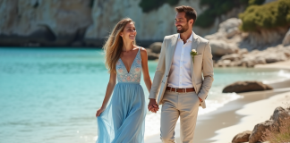 Couleurs idéales pour votre lune de miel : conseils mode et tendances 2025 Jeune couple en bord de mer méditerranéenne en vacances