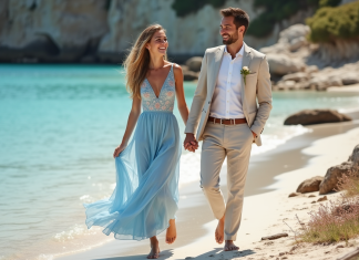 Jeune couple en bord de mer méditerranéenne en vacances