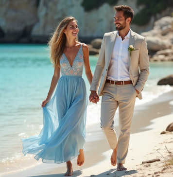 Jeune couple en bord de mer méditerranéenne en vacances