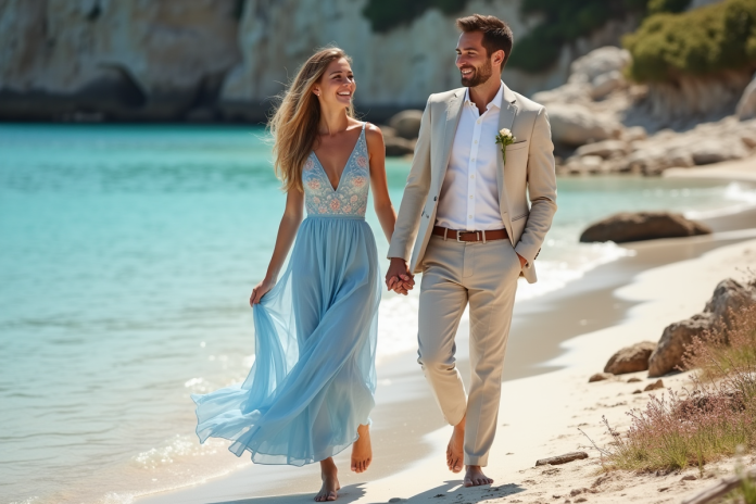 couple-plage-mediterranee Jeune couple en bord de mer méditerranéenne en vacances
