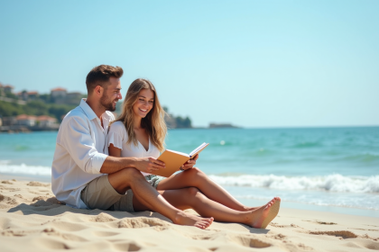 Jeune couple souriant sur la plage en été