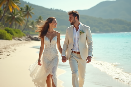 Couple heureux marche sur la plage tropicale en amoureux