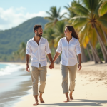 Jeune couple souriant sur une plage tropicale