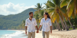 Meilleure saison pour lune de miel : nos conseils de voyage Jeune couple souriant sur une plage tropicale