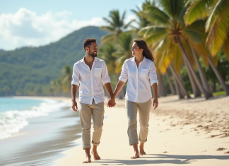 Jeune couple souriant sur une plage tropicale