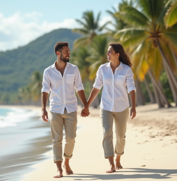 Jeune couple souriant sur une plage tropicale