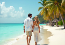 Meilleures destinations pour une lune de miel romantique : où partir ? Couple en été sur la plage de sable blanc avec mer turquoise