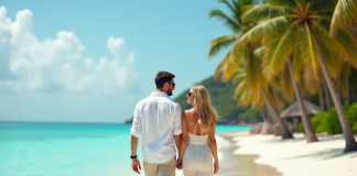 Meilleures destinations pour une lune de miel romantique : où partir ? Couple en été sur la plage de sable blanc avec mer turquoise