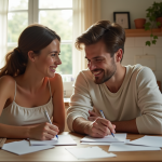 Jeune couple préparant invitations de mariage dans la cuisine