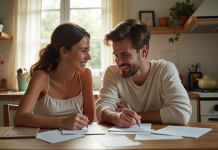 Jeune couple préparant invitations de mariage dans la cuisine
