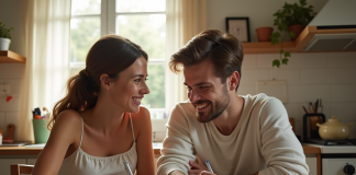 Jeune couple préparant invitations de mariage dans la cuisine