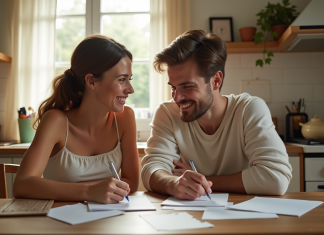 Jeune couple préparant invitations de mariage dans la cuisine
