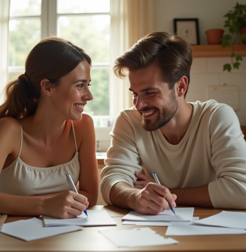 Jeune couple préparant invitations de mariage dans la cuisine