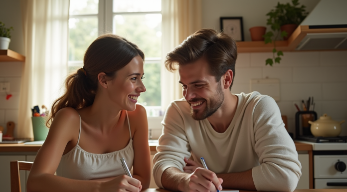 Jeune couple préparant invitations de mariage dans la cuisine
