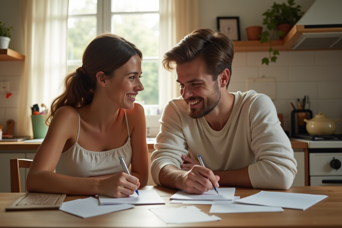 Jeune couple préparant invitations de mariage dans la cuisine