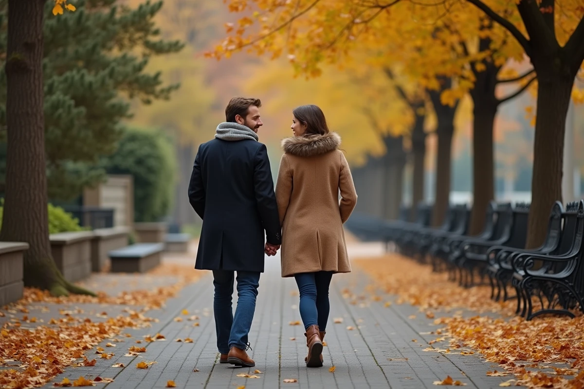 Couple se promenant dans une rue parisienne en automne, illustrant la vie amoureuse et le compagnon d'une personnalité publique sous l'angle des rumeurs vérifiées