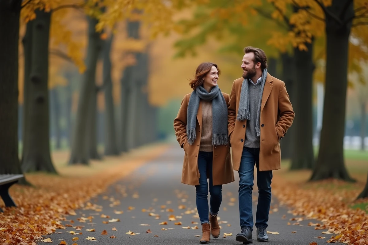 Couple se promenant discrètement dans un parc en automne, évoquant une relation amoureuse intime et préservée des regards