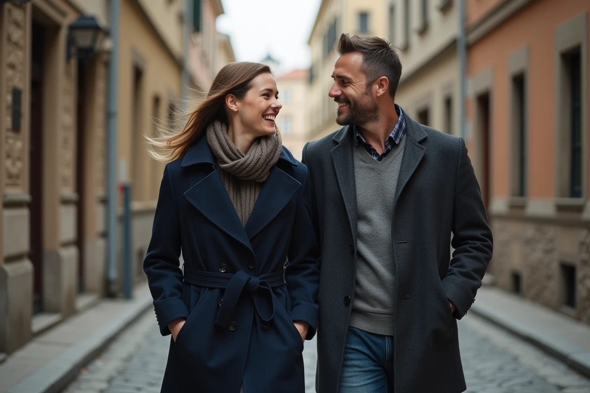 Couple souriant se promenant dans une rue pav&eacute;e europ&eacute;enne refl&eacute;tant une relation amoureuse authentique et complice