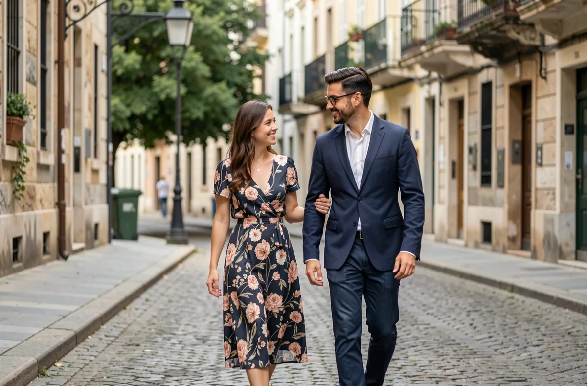 Couple souriant se promenant dans une rue pavée européenne, évoquant les rumeurs de fiançailles et de mariage