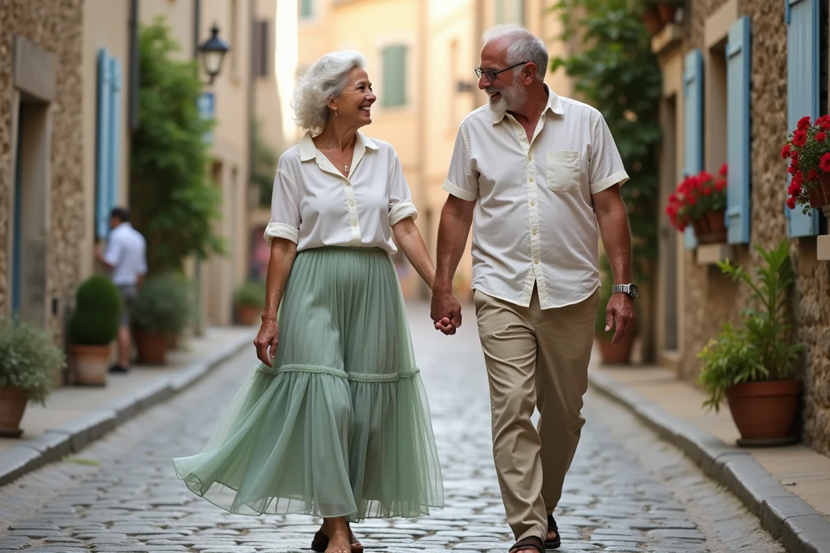 Couple de 36 ans de mariage se promenant dans un village français habillé en tenues légères de mousseline