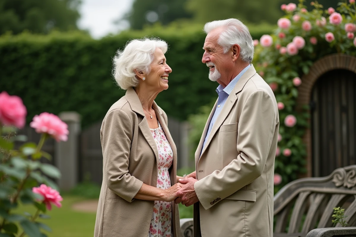 Couple de seniors célébrant leurs noces d'or dans un jardin fleuri en se tenant la main