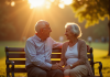 Couple senior assis sur un banc ensoleille dans un parc