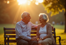 Couple senior assis sur un banc ensoleille dans un parc