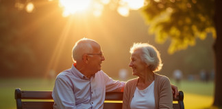 Couple senior assis sur un banc ensoleille dans un parc