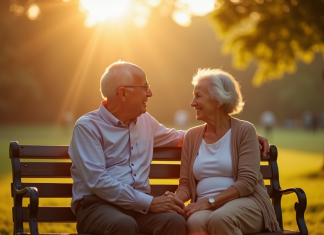 Couple senior assis sur un banc ensoleille dans un parc