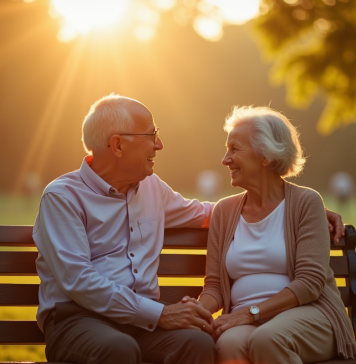 Couple senior assis sur un banc ensoleille dans un parc