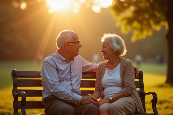 couple-senior-parc-soleil Couple senior assis sur un banc ensoleille dans un parc