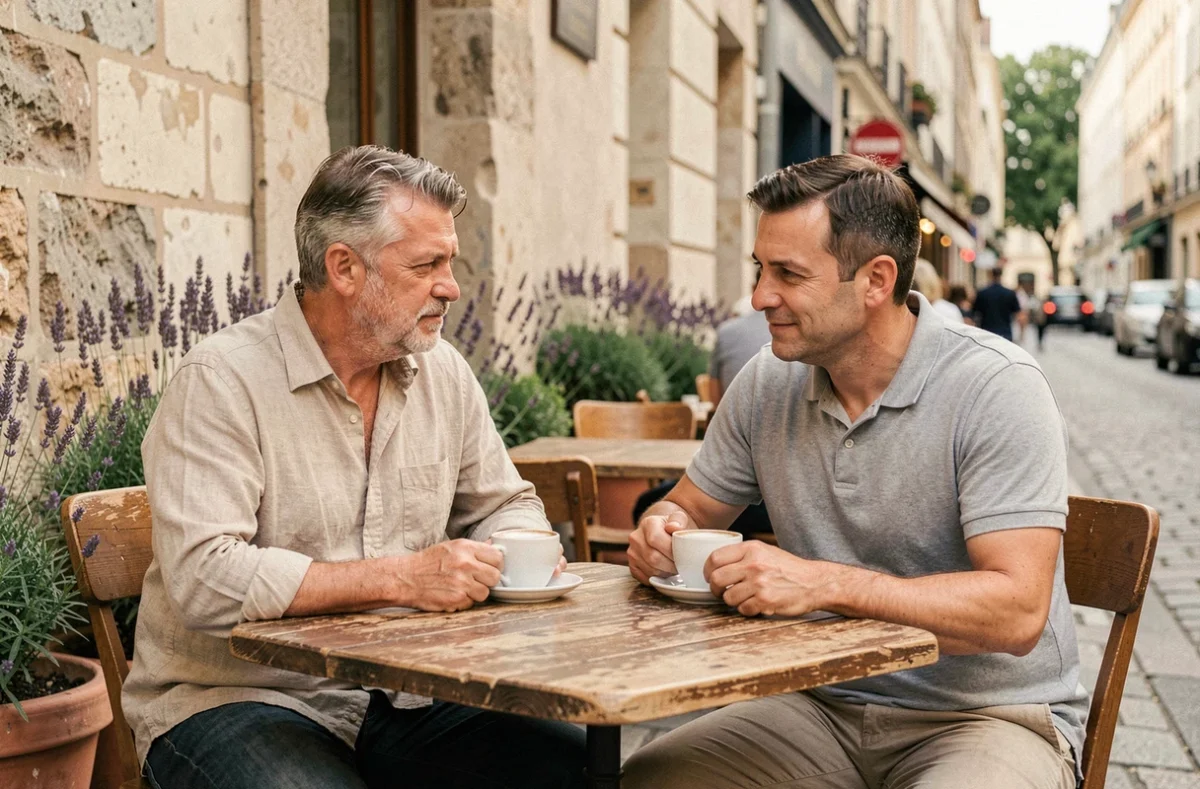 Deux hommes partageant un moment complice en terrasse de café, évoquant une relation affective sereine et authentique