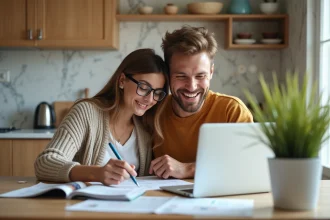 Jeune couple souriant dans la cuisine en vacances
