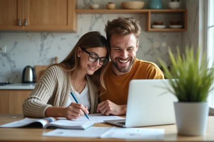 Jeune couple souriant dans la cuisine en vacances