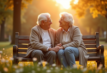 Couple âgé assis sur un banc ensoleillé symbolisant l'amour durable