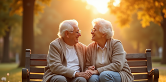 Couple âgé assis sur un banc ensoleillé symbolisant l'amour durable