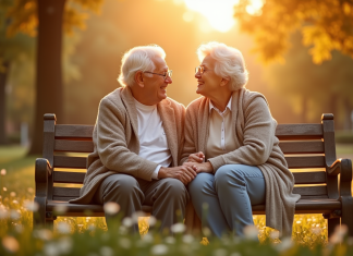 Couple âgé assis sur un banc ensoleillé symbolisant l'amour durable