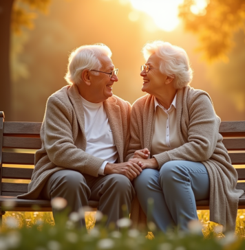 Couple âgé assis sur un banc ensoleillé symbolisant l'amour durable