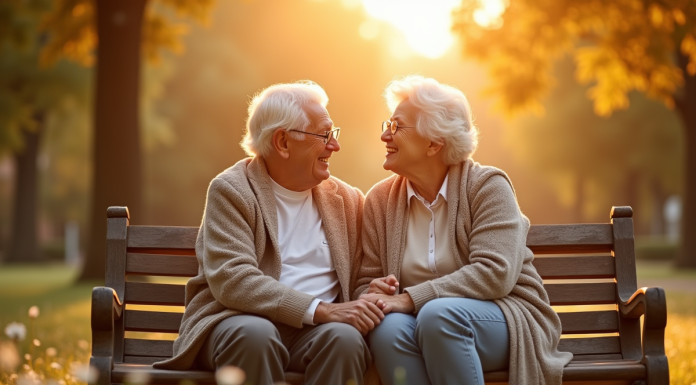 Couple âgé assis sur un banc ensoleillé symbolisant l'amour durable