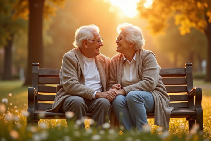 Couple âgé assis sur un banc ensoleillé symbolisant l'amour durable