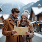 Coût d’une lune de miel en Suisse: prévoir son budget voyage Jeune couple en hiver dans un village suisse avec montagnes