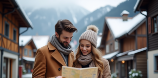 Coût d’une lune de miel en Suisse: prévoir son budget voyage Jeune couple en hiver dans un village suisse avec montagnes