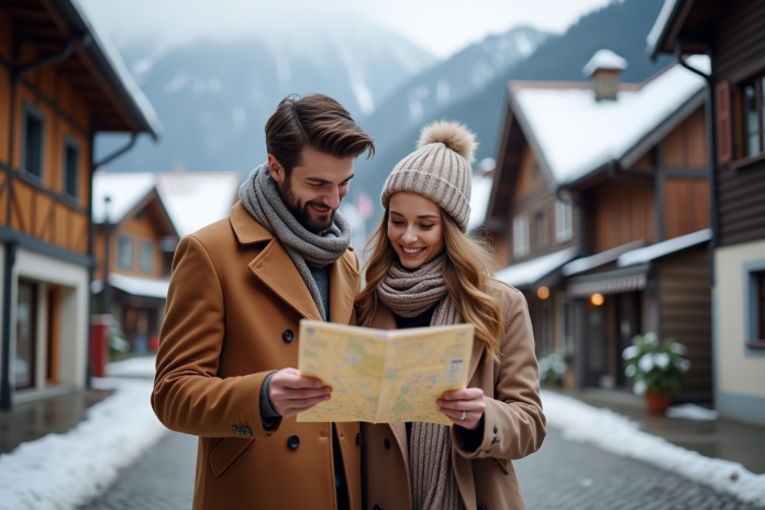 Jeune couple en hiver dans un village suisse avec montagnes