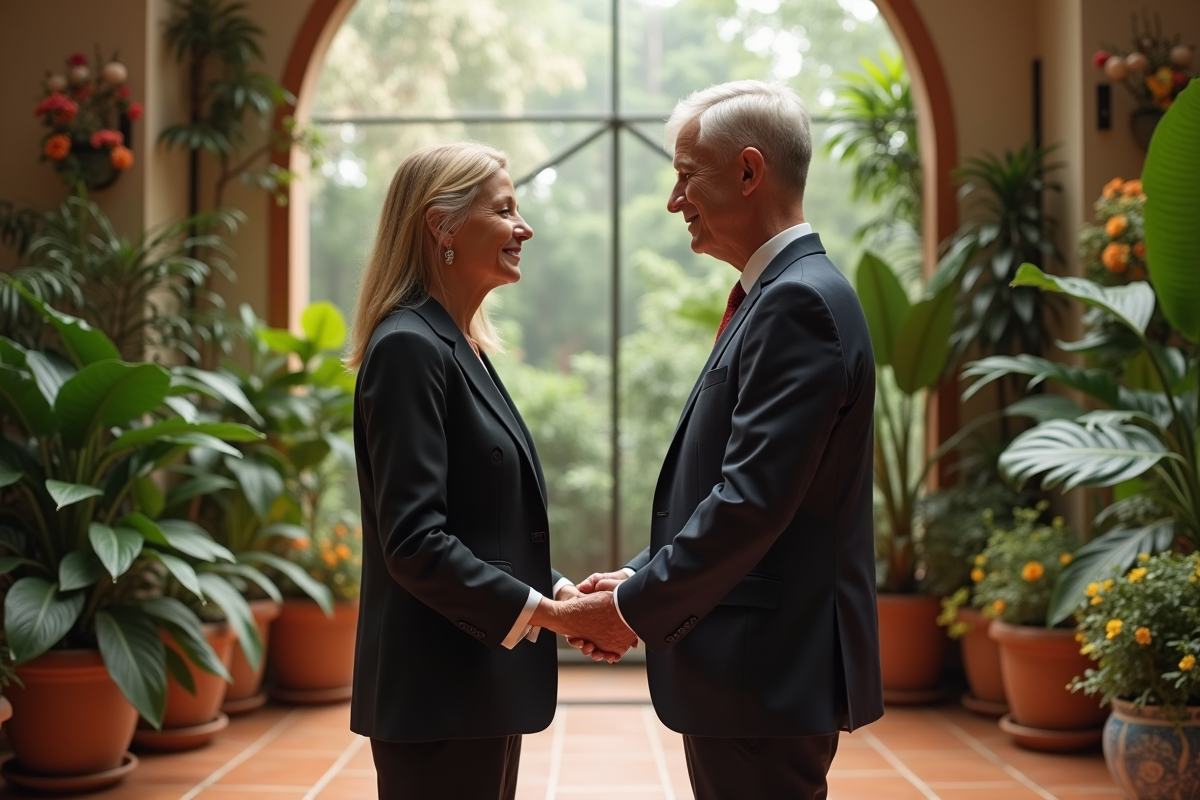 Couple mature échangeant leurs vœux dans un cadre tropical intérieur