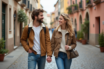 Jeune couple voyageant dans une ville européenne charmante