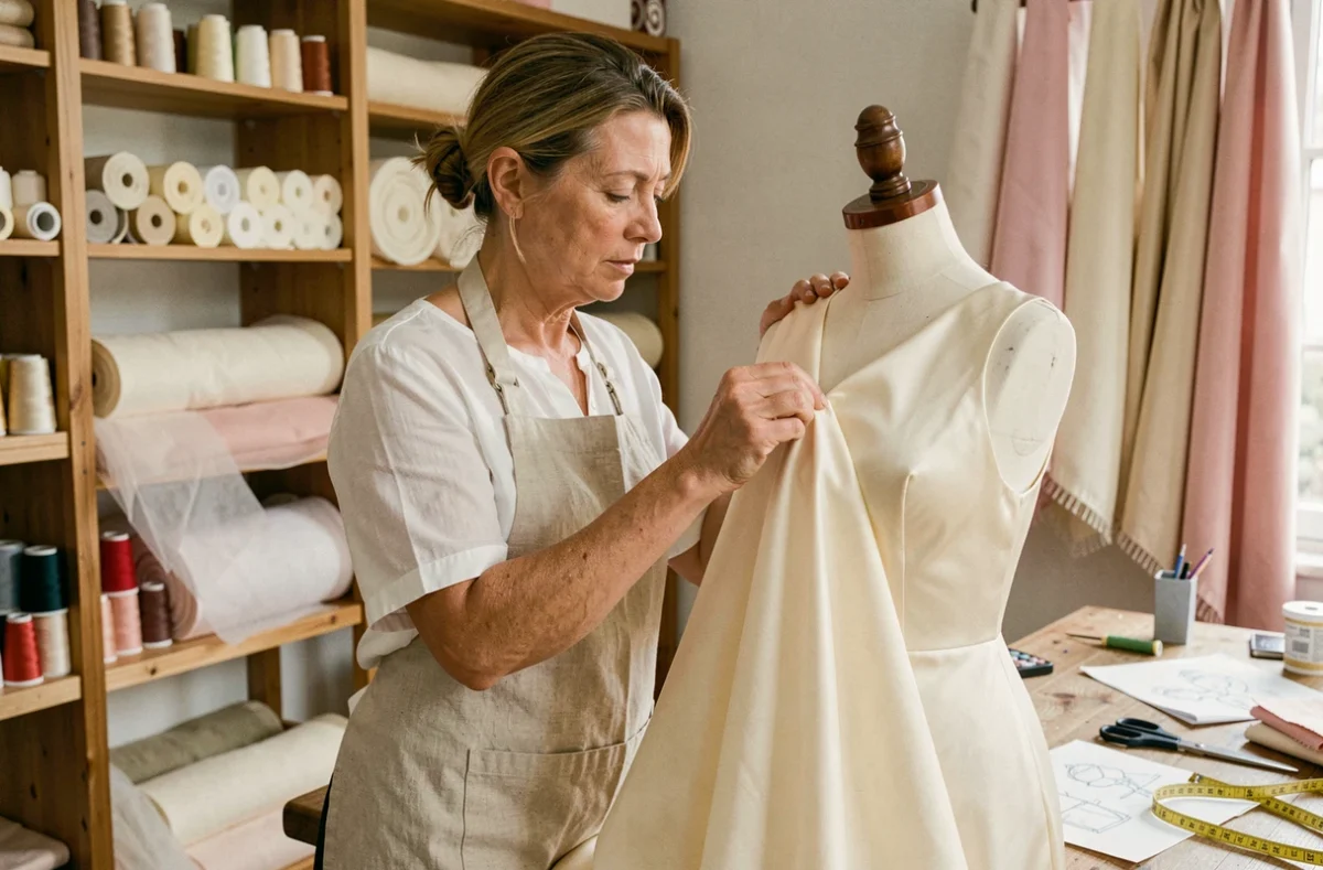 Couturière épinglant du tissu ivoire sur un mannequin de couture dans un atelier de robes de mariée sur-mesure à Paris