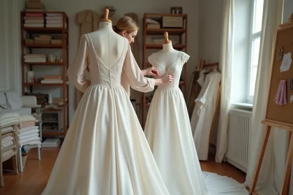 Couturière en atelier parisien épinglant une robe de mariée sur mesure en soie ivoire sur un mannequin de couture