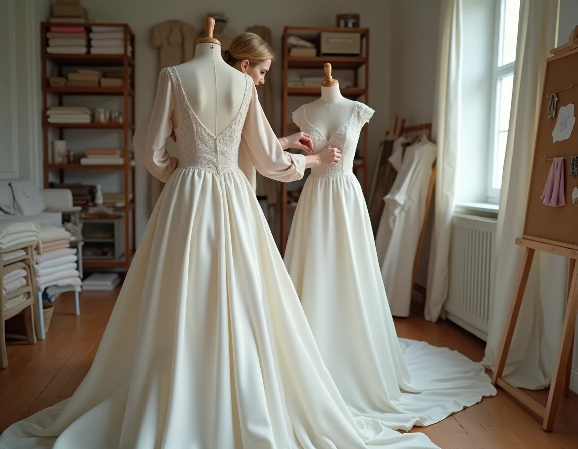 Couturière en atelier parisien épinglant une robe de mariée sur mesure en soie ivoire sur un mannequin de couture