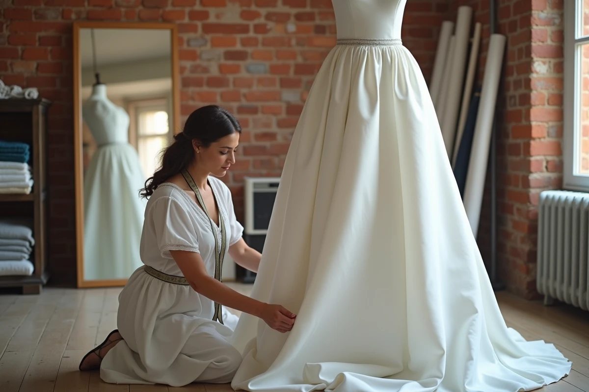 Couturière épinglant l'ourlet d'une robe de mariée sur mesure lors d'un essayage en atelier