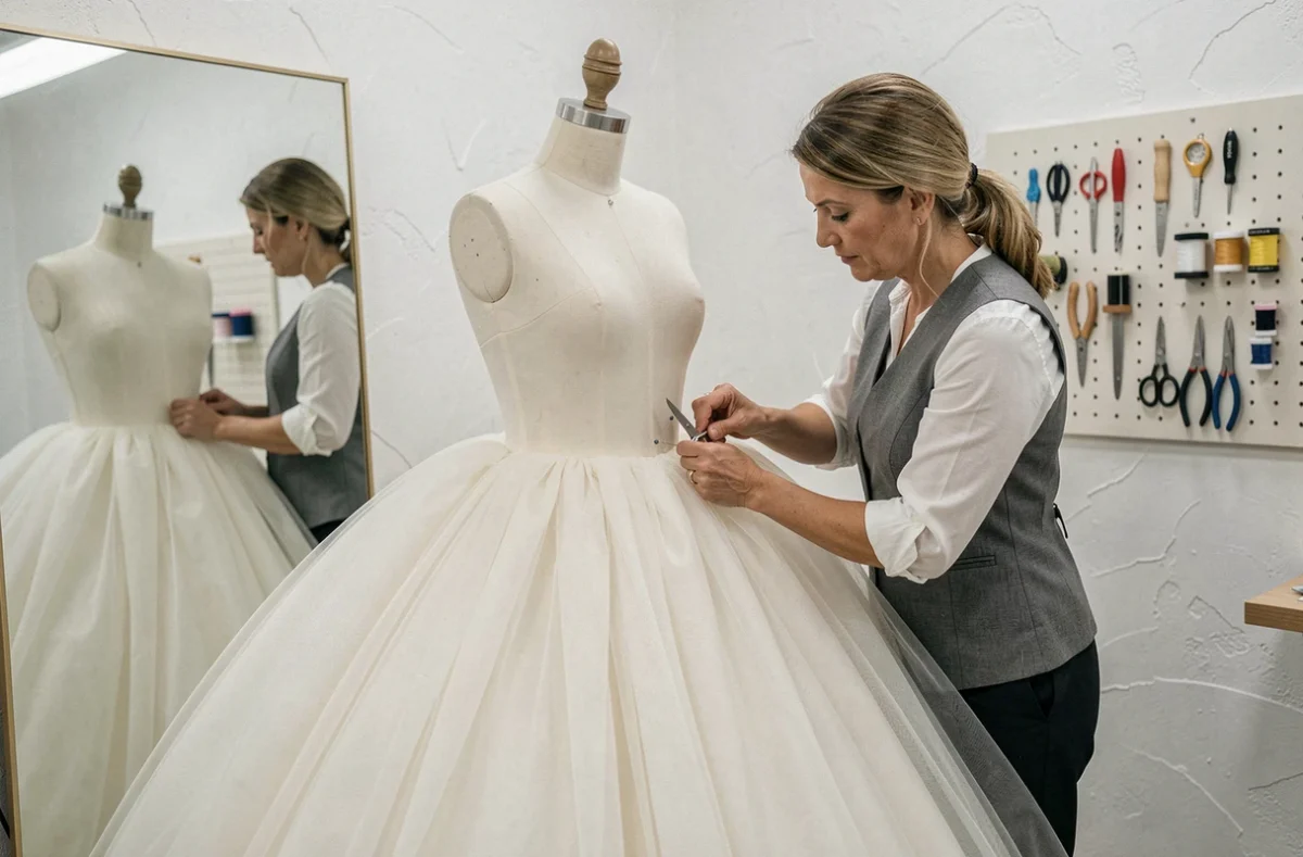 Couturière modernisant une robe meringue vintage en réduisant le volume de la jupe en tulle sur un mannequin de couture dans un studio d'ateliers